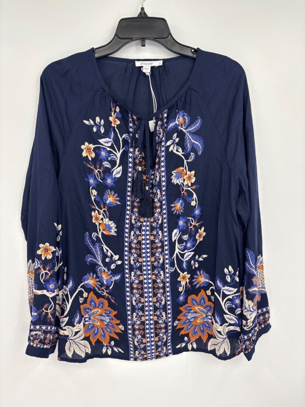 Chico's Boho Peasant Floral Tie Neck Blouse Top Navy Size 1 (8) NWOT